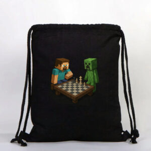 Minecraft baskılı büzgülü siyah ham bez sırt çantası